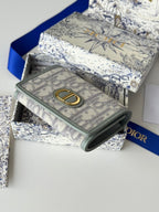 DIOR 25S CARO CARD HOLDER 11 IN GRAY CALFSKIN AND CANVAS GOLD HARDWARE
