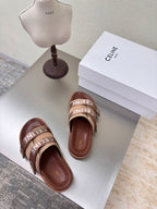 CELINE 25S FLAT SANDALS ARC DE TRIOMPHE IN BROWN CALFSKIN AND CANVAS