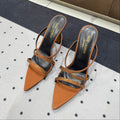 HIGH CRYSTAL STRAP SANDALS IN SANDSTONE SILK