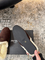 PRADA 25S CLOGS IN EARTH BROWN SUEDE AND BEIGE FUR-LINED