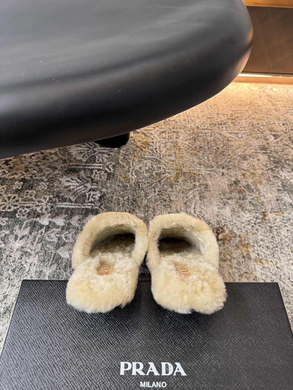 PRADA 25S CLOGS IN EARTH BROWN SUEDE AND BEIGE FUR-LINED