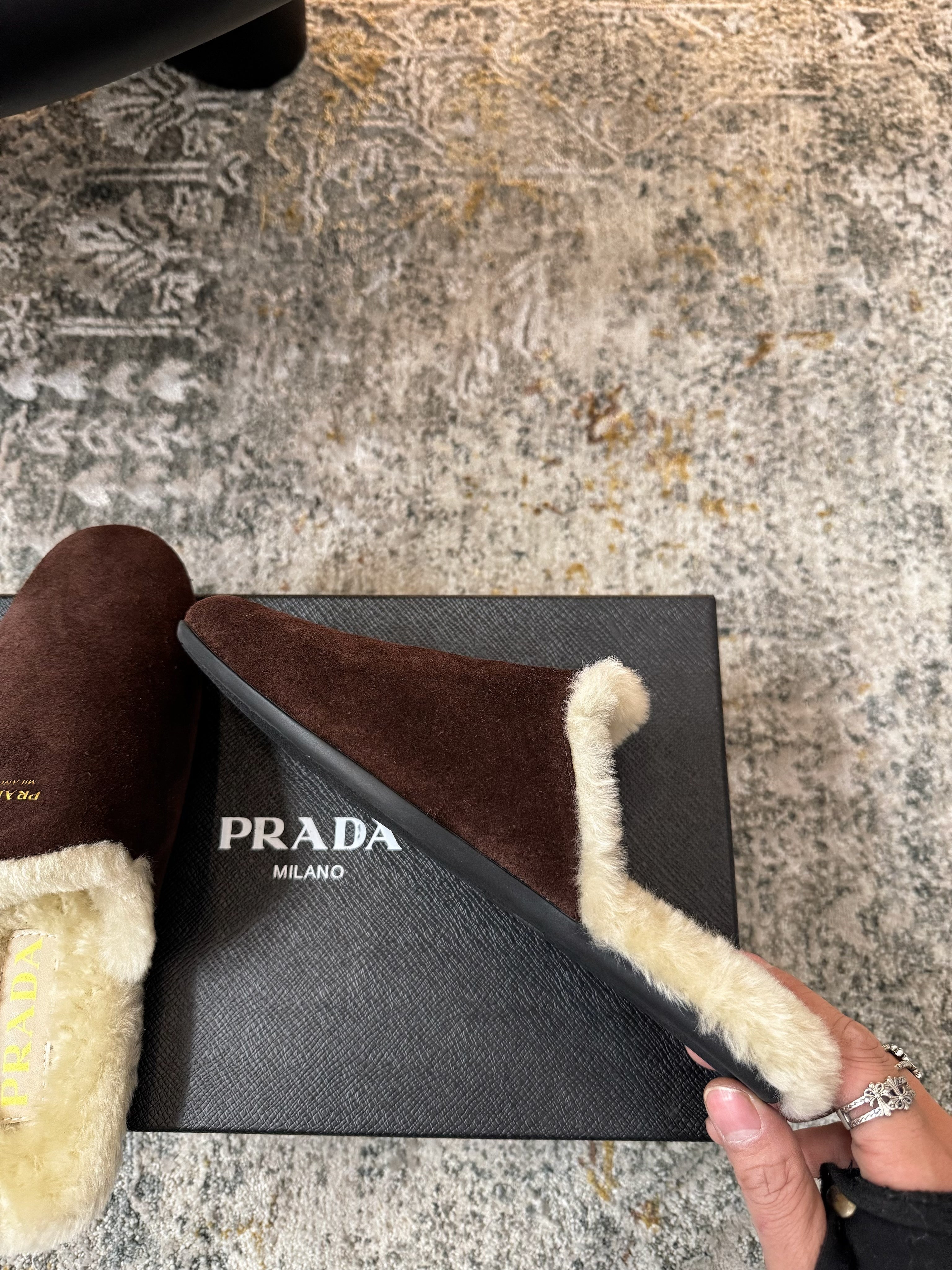 PRADA 25S CLOGS IN EARTH BROWN SUEDE AND BEIGE FUR-LINED