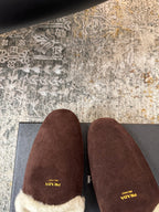 PRADA 25S CLOGS IN EARTH BROWN SUEDE AND BEIGE FUR-LINED