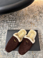 PRADA 25S CLOGS IN EARTH BROWN SUEDE AND BEIGE FUR-LINED
