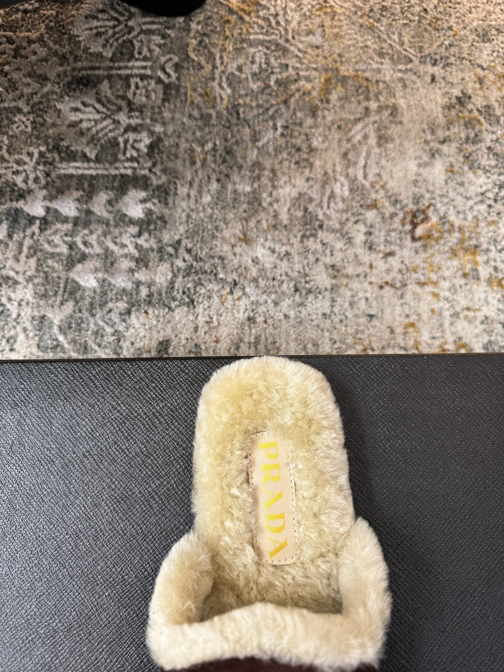 PRADA 25S CLOGS IN EARTH BROWN SUEDE AND BEIGE FUR-LINED