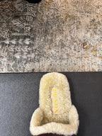 PRADA 25S CLOGS IN EARTH BROWN SUEDE AND BEIGE FUR-LINED