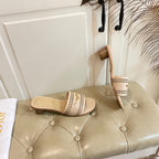 DWAY HEELED SLIDE IN CAMEL BEIGE CALFSKIN WITH GOLD LOGO