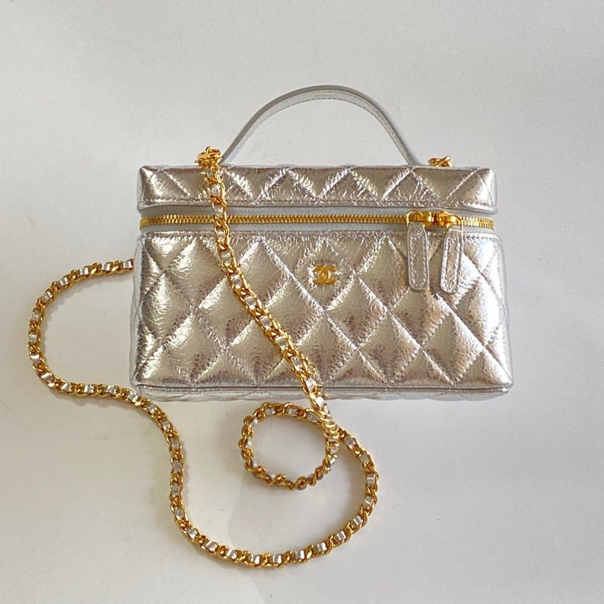 Chanel 25 Box Bag Silver Metallic Leather