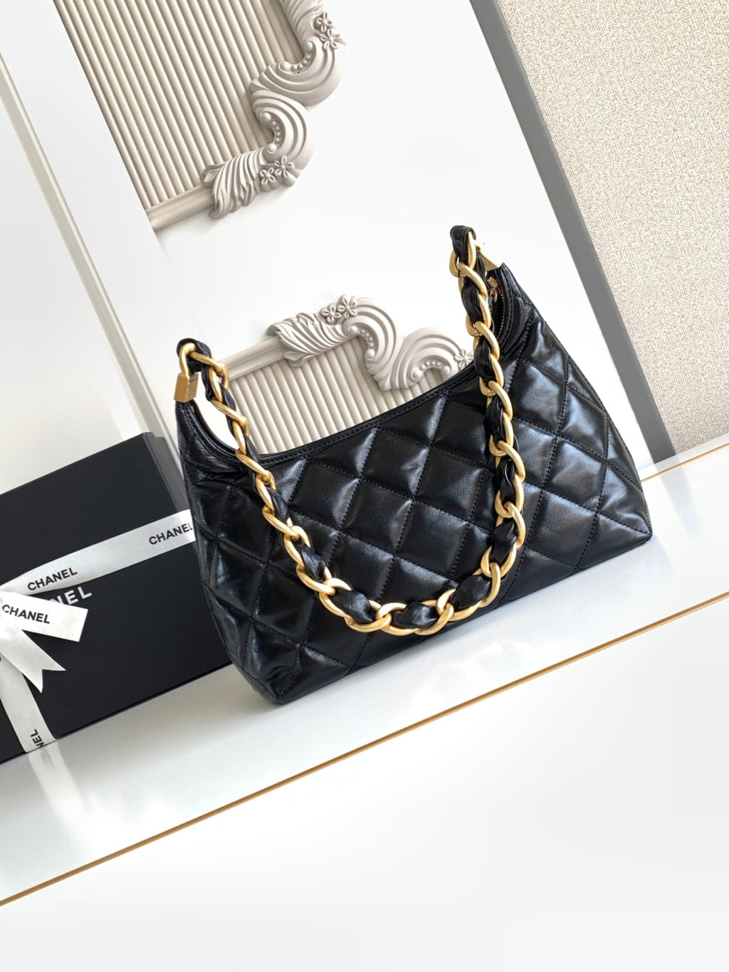 CC Hobo Bag With Chain 35cm Black Lambskin 277765 GHW