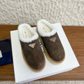 PRADA 25S PLATFORM FUR-LINED MULES IN EARTH BROWN SUEDE
