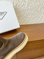 PRADA 25S ANKLE BOOTS 40 MM IN MUTED BROWN GRAY SUEDE SHEARLING-LINED