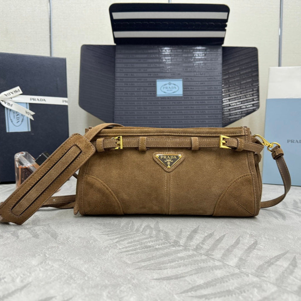 PRADA 25S BONNIE SMALL SHOULDER BAG 26 IN BROWN SUEDE GOLD HARDWARE