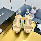 CC WEDGE SANDALS 25S IN BEIGE CALFSKIN WITH GOLD HARDWARE