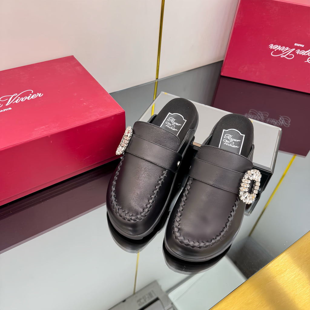 SLIDY VIV' MULES IN BLACK CALFSKIN