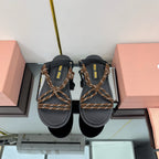 RIVIERE SANDALS IN BLACK CALFSKIN BROWN CORD