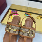 GG FLAT THONG SANDALS WITH ANKLE STRAP IN BROWN LAMBSKIN AND BEIGE FABRIC