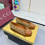 GG BALLET FLATS 25S IN BROWN LAMBSKIN MIX BEIGE CANVAS WITH BOW