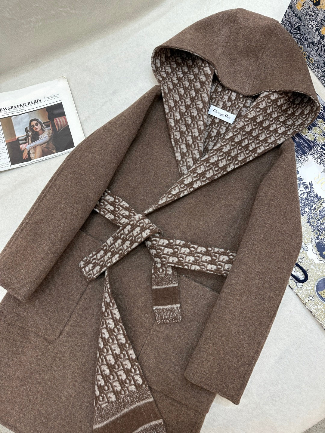 DIOR HOODED COAT IN DARK BROWN WOOL
