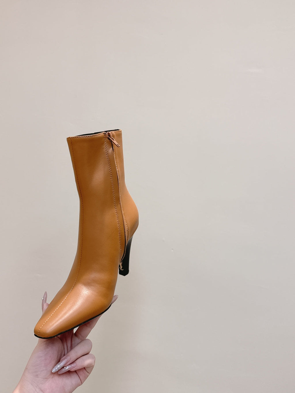 YSL 25S HEELED ANKLE BOOTS 75 MM IN BURNT ORANGE LAMBSKIN