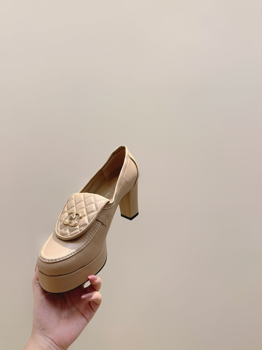 CHANEL 25S HIGH-HEELED MOCCASINS 80MM IN LIGHT TAN CALFSKIN GOLD HARDWARE
