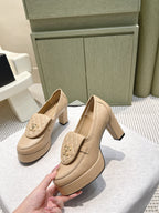 CHANEL 25S HIGH-HEELED MOCCASINS 80MM IN LIGHT TAN CALFSKIN GOLD HARDWARE