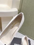 CHANEL 25S SLINGBACK SHOES 90MM IN WHITE CALFSKIN SQUARE TOE GOLD HARDWARE