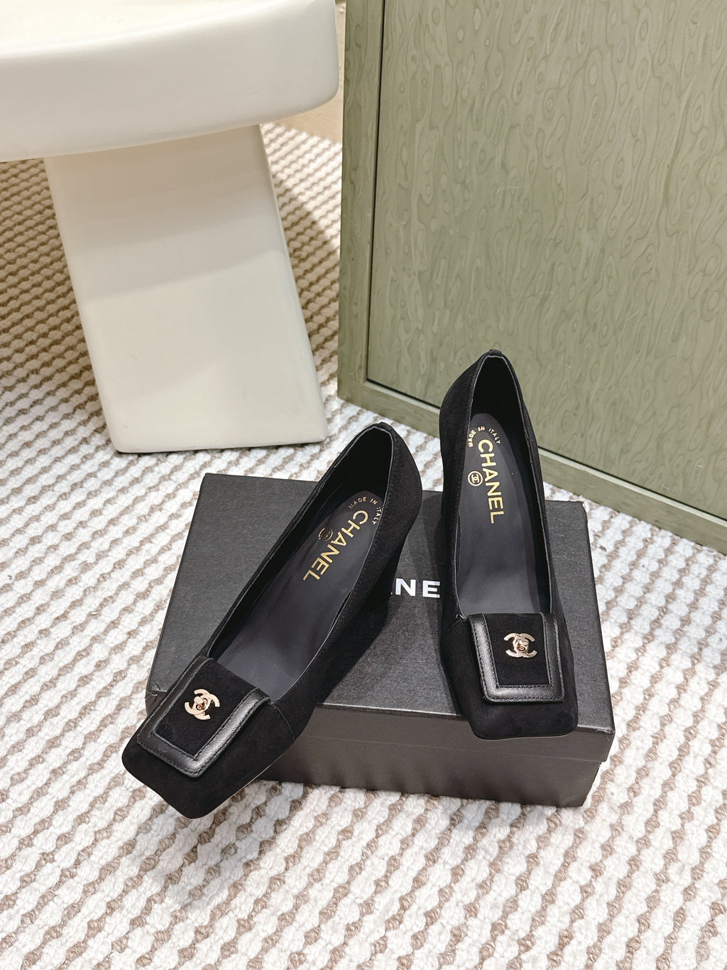 CHANEL 25S SLINGBACK SHOES 90MM IN BLACK SUEDE SQUARE TOE GOLD HARDWARE