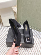 CHANEL 25S SLINGBACK SHOES 90MM IN BLACK SUEDE SQUARE TOE GOLD HARDWARE