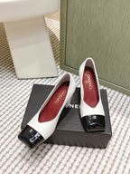 CHANEL 25S SQUARE-TOE HIGH HEELS 90MM IN WHITE AND BLACK CALFSKIN