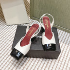 CHANEL 25S HIGH-HEELED SQUARE-TOE SLINGBACK 90MM IN WHITE AND BLACK CALFSKIN