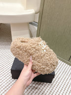 CHANEL 25S CLASSIC FURRY SLIDES IN LIGHT BROWN WITH DOUBLE C LOGO