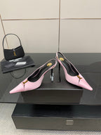 YSL 25S SLINGBACK HIGH HEELS 90 MM IN PINK SATIN WITH GOLD HARDWARE STYLE 17