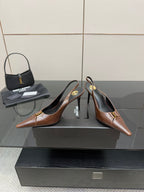 YSL 25S SLINGBACK HIGH HEELS 90 MM IN CHESTNUT BROWN LAMBSKIN WITH GOLD HARDWARE STYLE 12