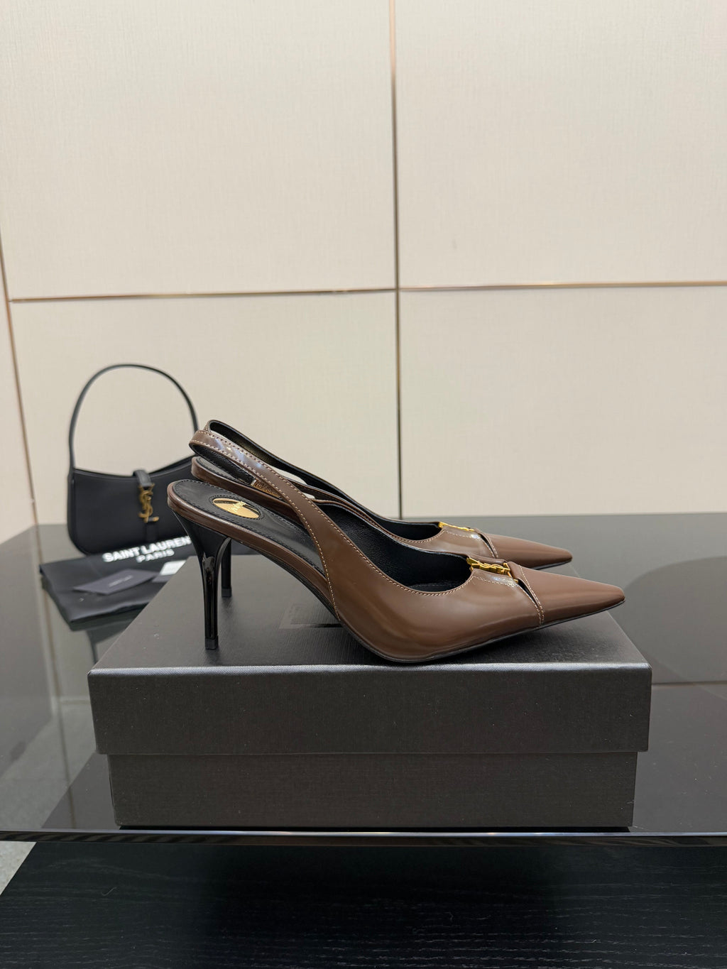 YSL 25S SLINGBACK HIGH HEELS 90 MM IN CHOCOLATE BROWN LAMBSKIN WITH GOLD HARDWARE STYLE 7