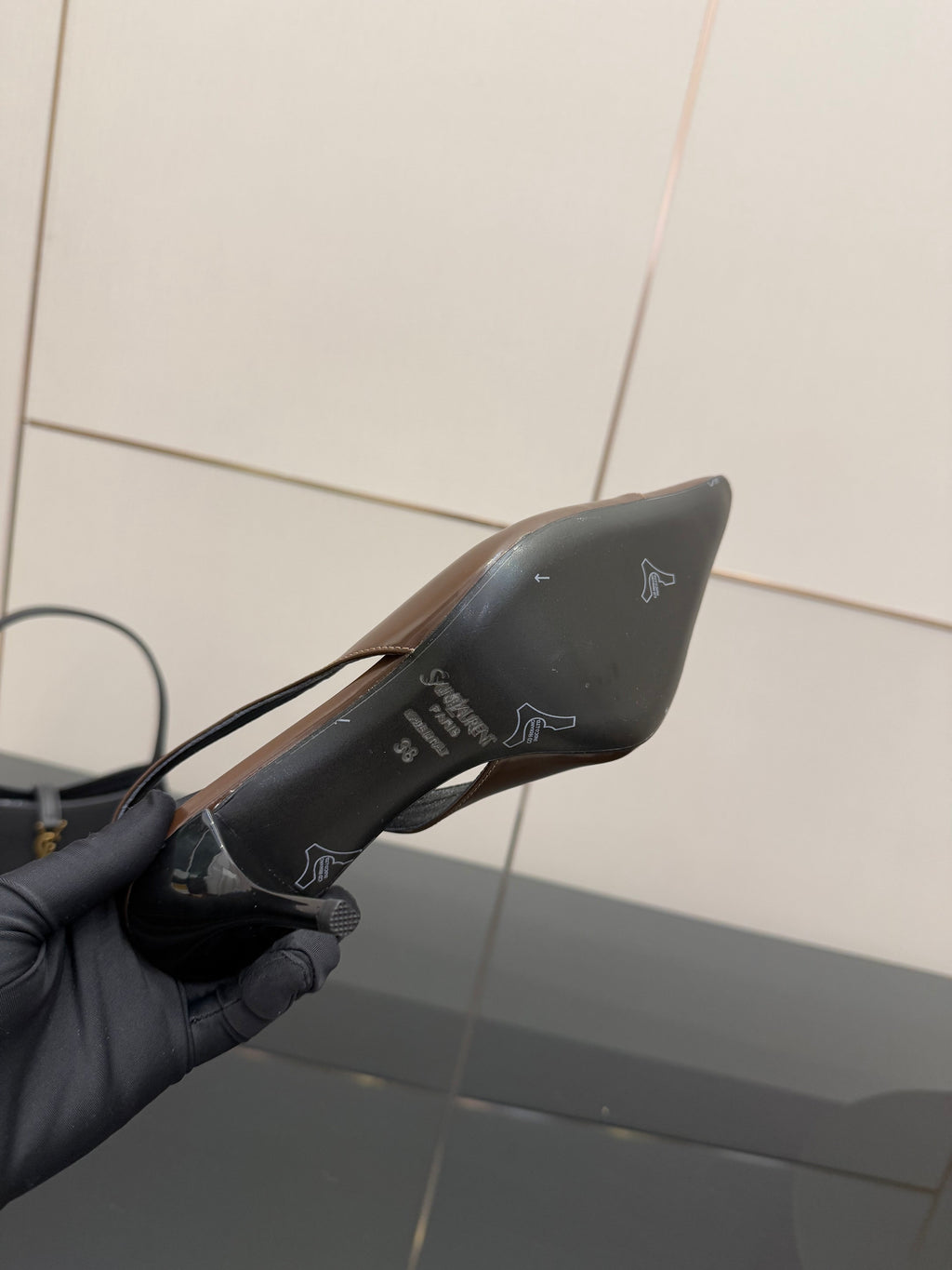 YSL 25S SLINGBACK HIGH HEELS 90 MM IN CHOCOLATE BROWN LAMBSKIN WITH GOLD HARDWARE STYLE 7