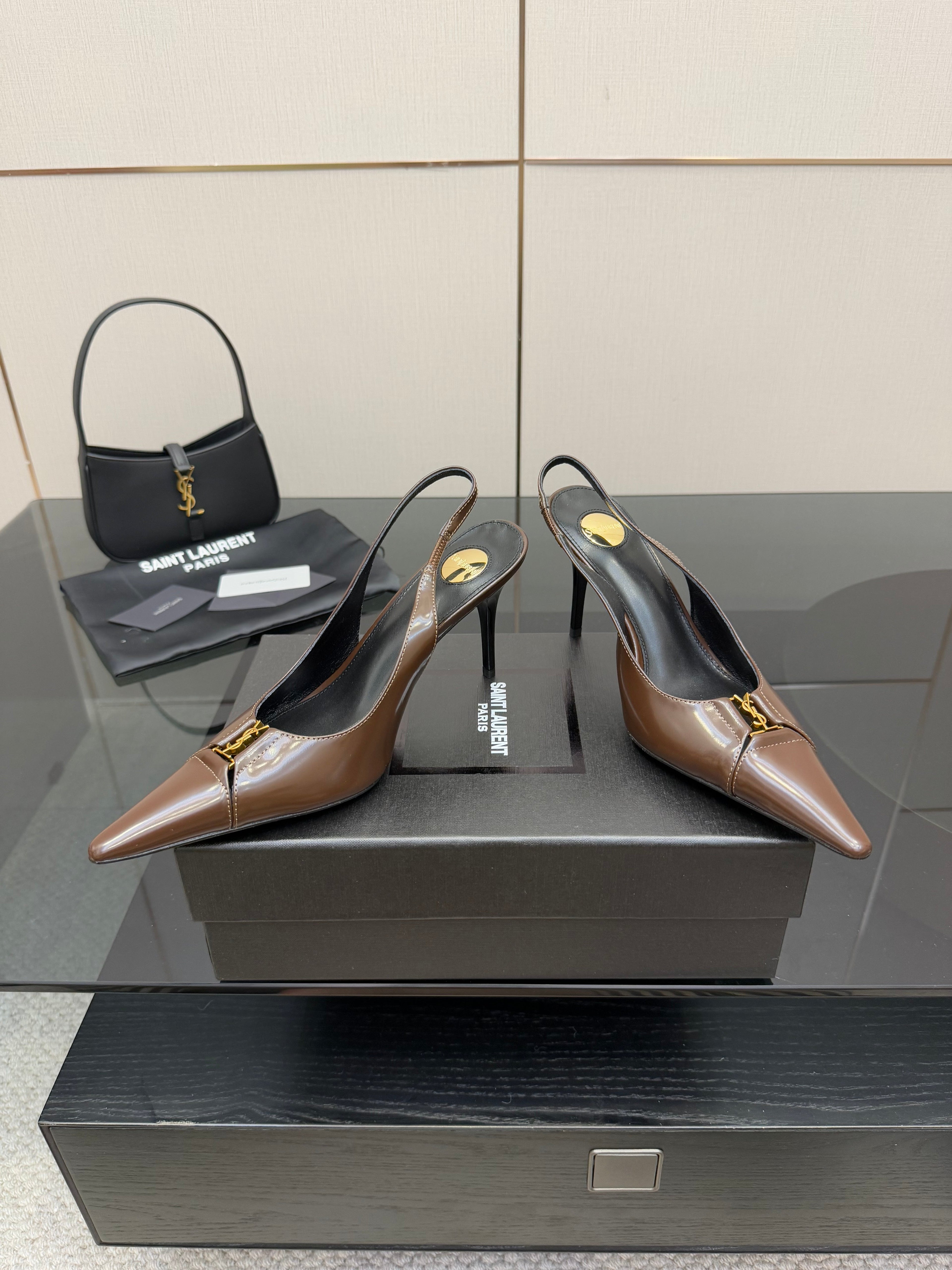 YSL 25S SLINGBACK HIGH HEELS 90 MM IN CHOCOLATE BROWN LAMBSKIN WITH GOLD HARDWARE STYLE 7