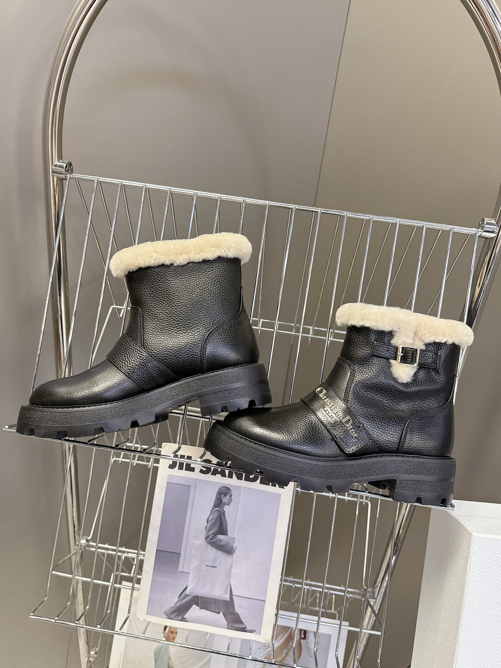DIORALPS ANKLE BOOTS 25S IN BLACK LAMBSKIN AND BEIGE WOOL WITH SILVER HARDWARE