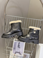 DIORALPS ANKLE BOOTS 25S IN BLACK LAMBSKIN AND BEIGE WOOL WITH SILVER HARDWARE