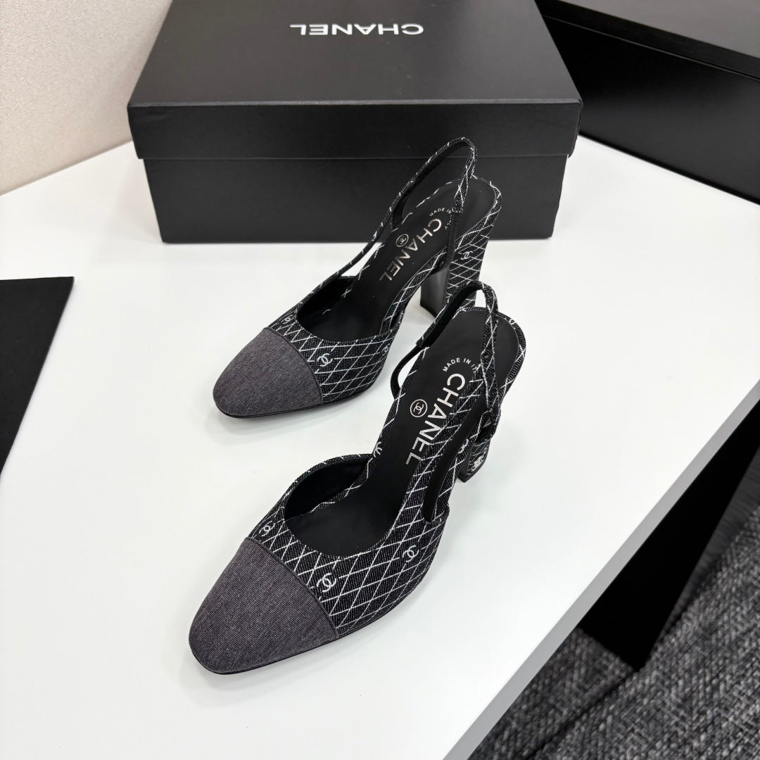 CC SLINGBACK 25S 90 MM IN BLACK DENIM WITH PLAID PATTERN