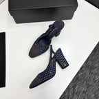 CC SLINGBACK 25S 90 MM IN NAVY BLUE DENIM WITH PLAID PATTERN