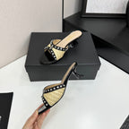 CC HIGH HEEL 25S 50 MM IN BEIGE RAFFIA AND BLACK CALFSKIN WITH CRYSTALS