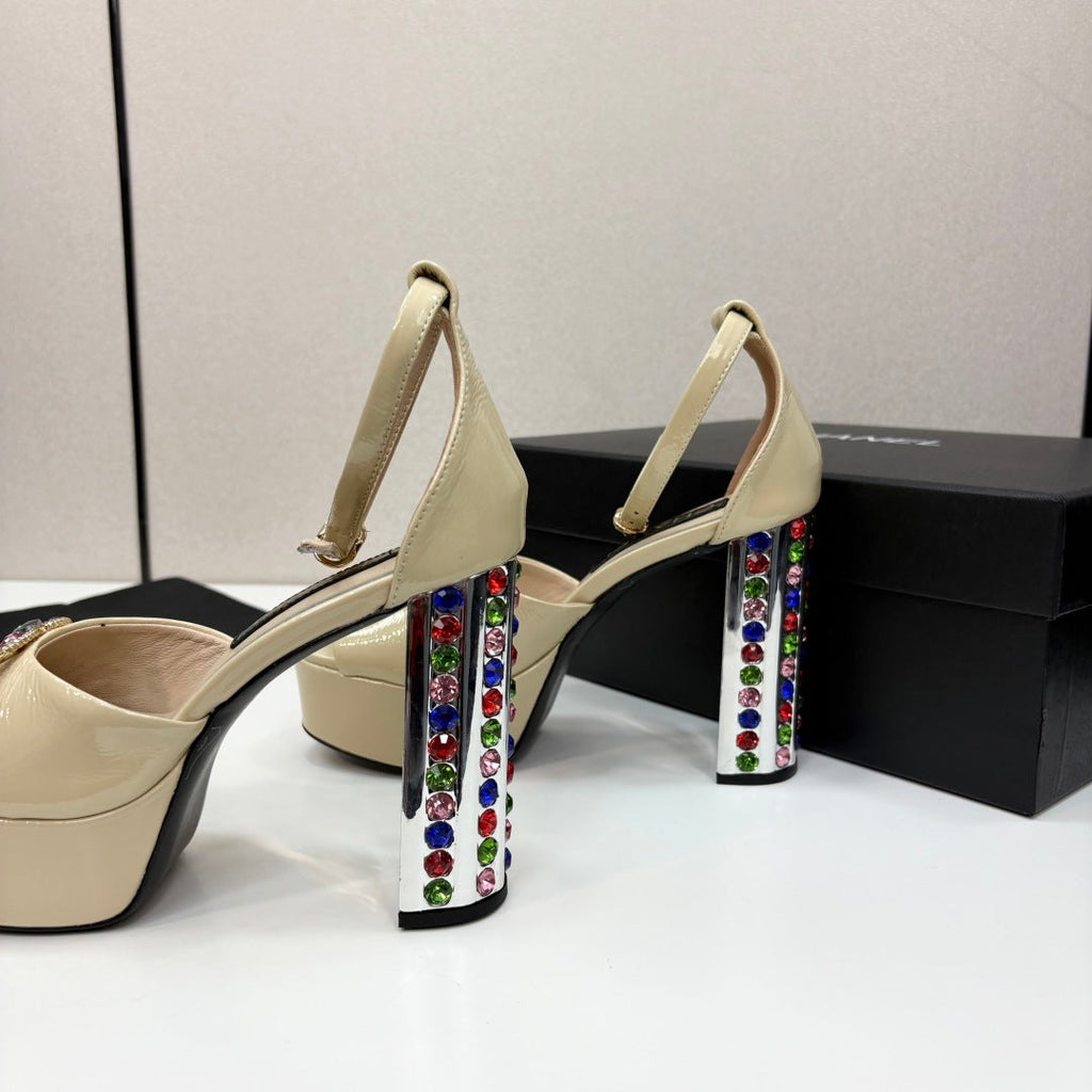 CC HIGH SANDAL 25S 110 MM IN LIGHT BEIGE CALFSKIN WITH MULTICOLOR STONES