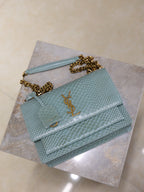 YSL 25S SUNSET MEDIUM 22 IN LIGHT BLUE CROCODILE-EMBOSSED CALFSKIN GOLD HARDWARE
