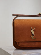 YSL 25S NIKI SATCHEL 22 IN DARK CARAMEL SUEDE GOLD HARDWARE