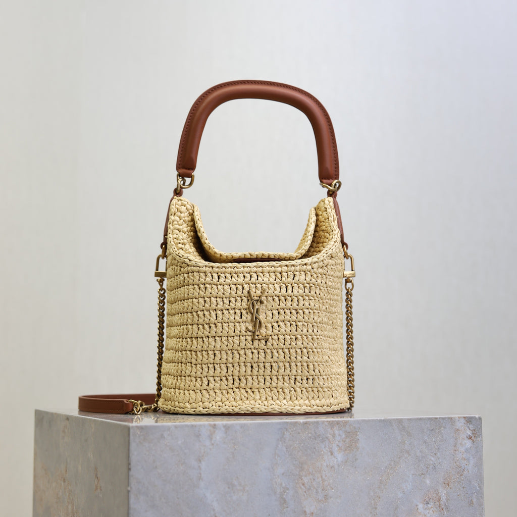 Gaby Bucket 17cm Brown Beige Raffia Leather GHW