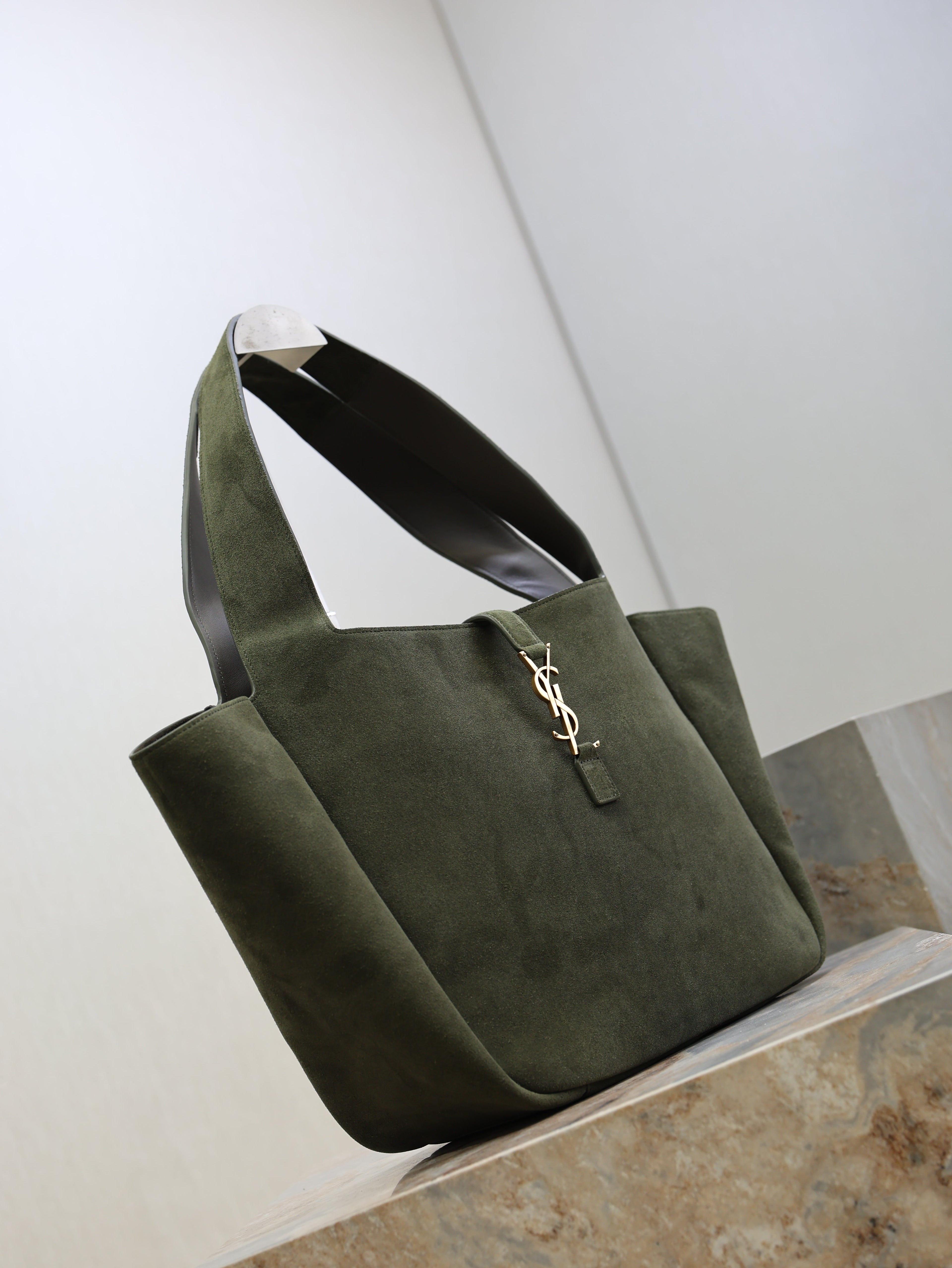 YSL 25S LE 5 À 7 BEA 50 IN DARK OLIVE SUEDE GOLD HARDWARE