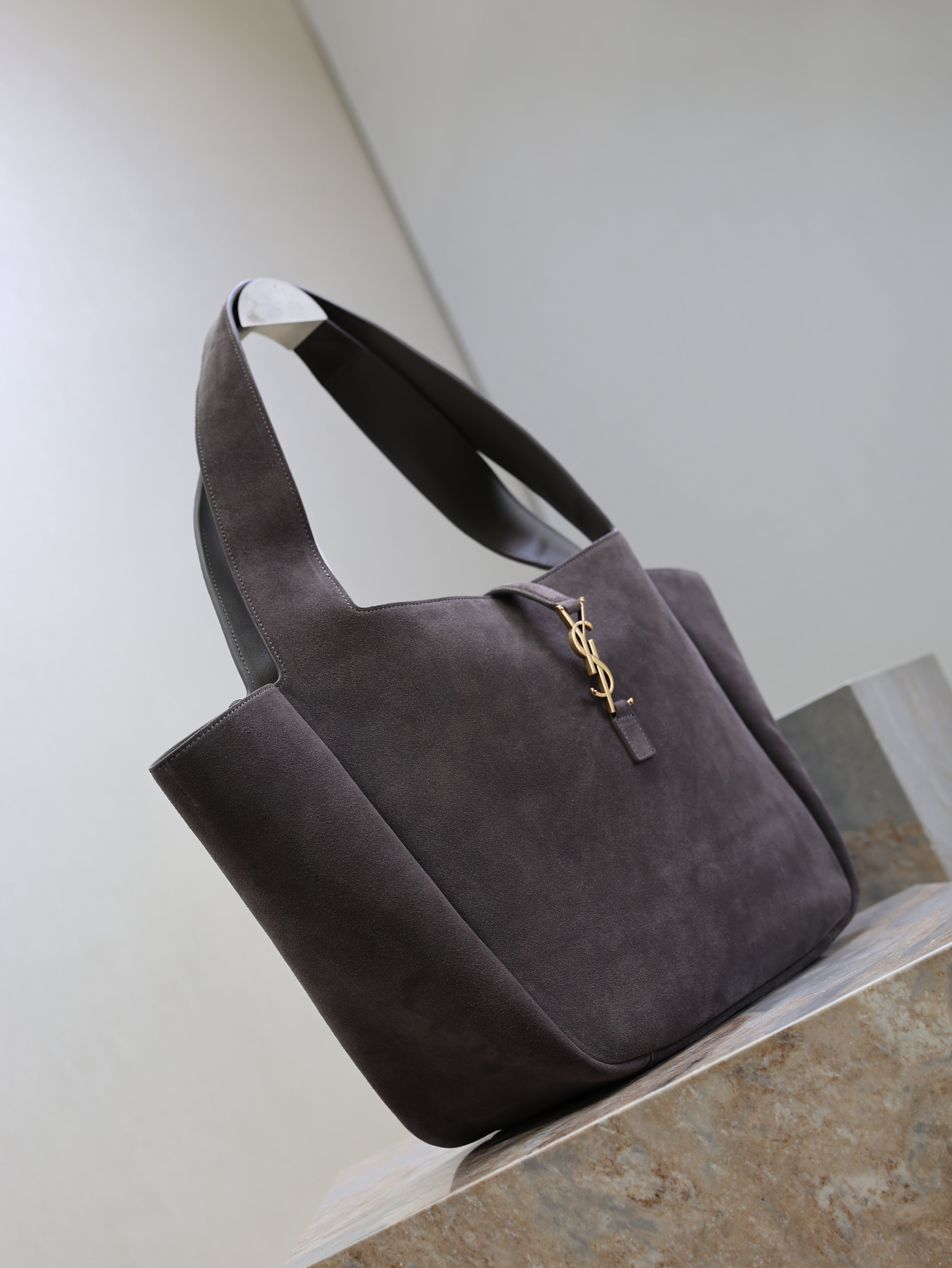 YSL 25S LE 5 À 7 BEA 50 IN DARK GRAY SUEDE GOLD HARDWARE