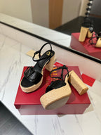 VLTN ESPADRILLE WEDGE SANDALS 25S 115 MM IN BLACK LAMBSKIN