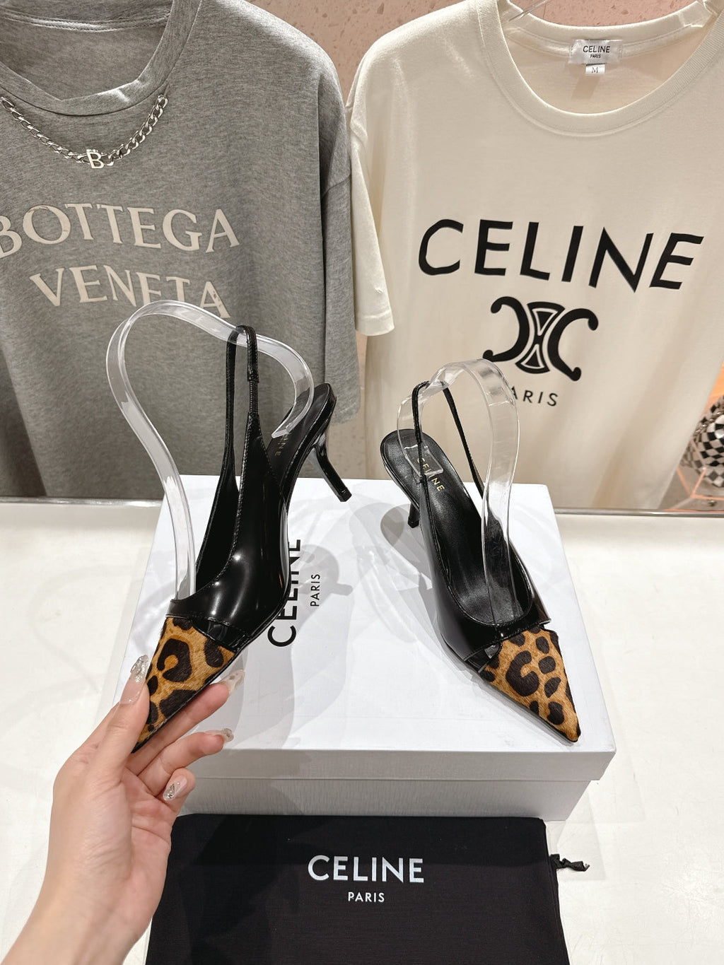 JUDY CAP TOE SLINGBACK 65MM IN BLACK PATENT CALFSKIN AND LEOPARD PRINTED HAIRY CALFSKIN