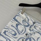 CC 25 Printed Denim Single-breasted Short Skirt Blue White Cotton